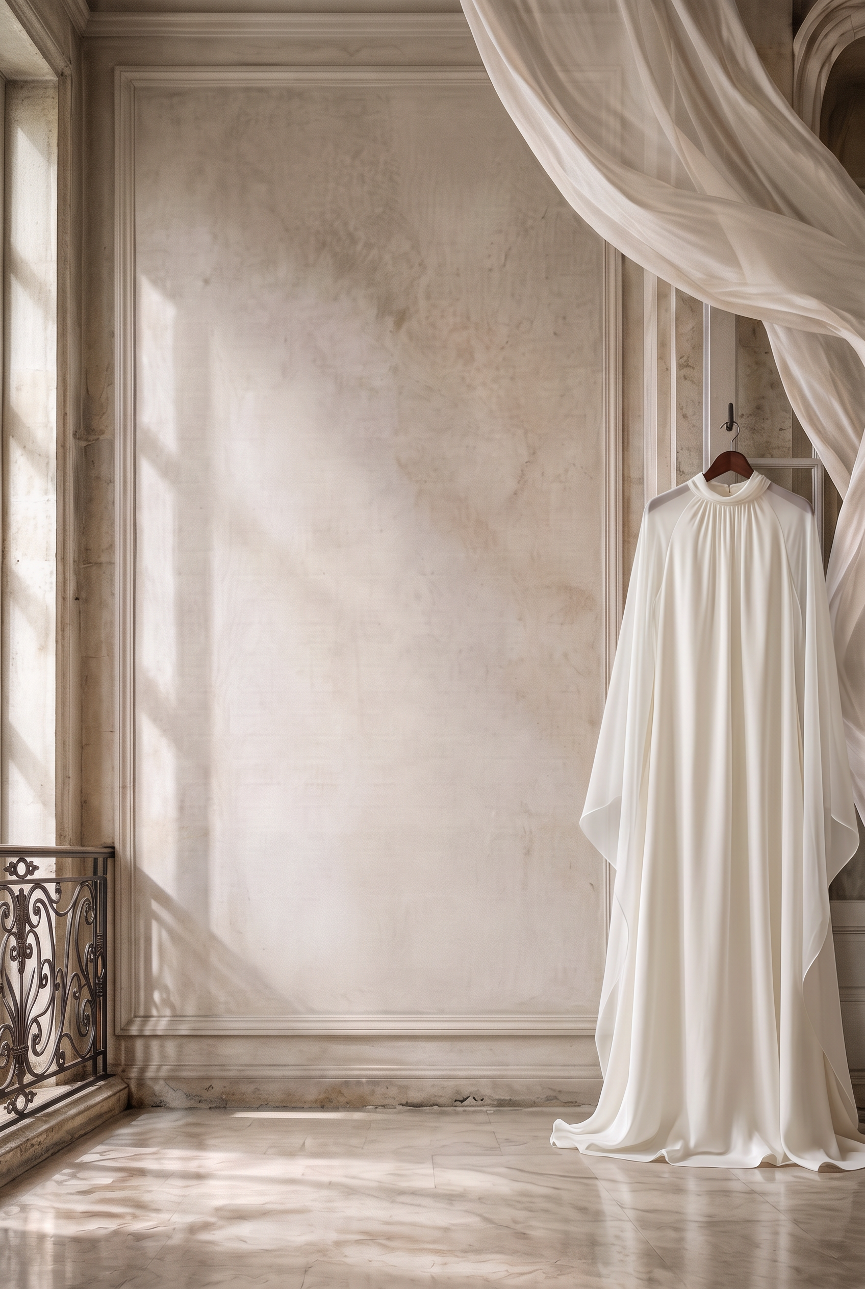 An ivory cape dress hanging beside a wrought-iron Parisian balcony
